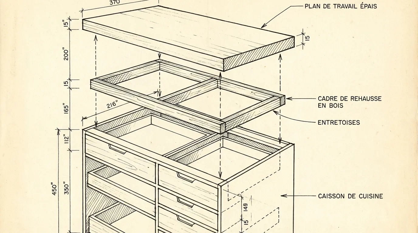Schéma technique d'un montage de jambage intermédiaire avec tasseaux pour surélever un plan de travail.