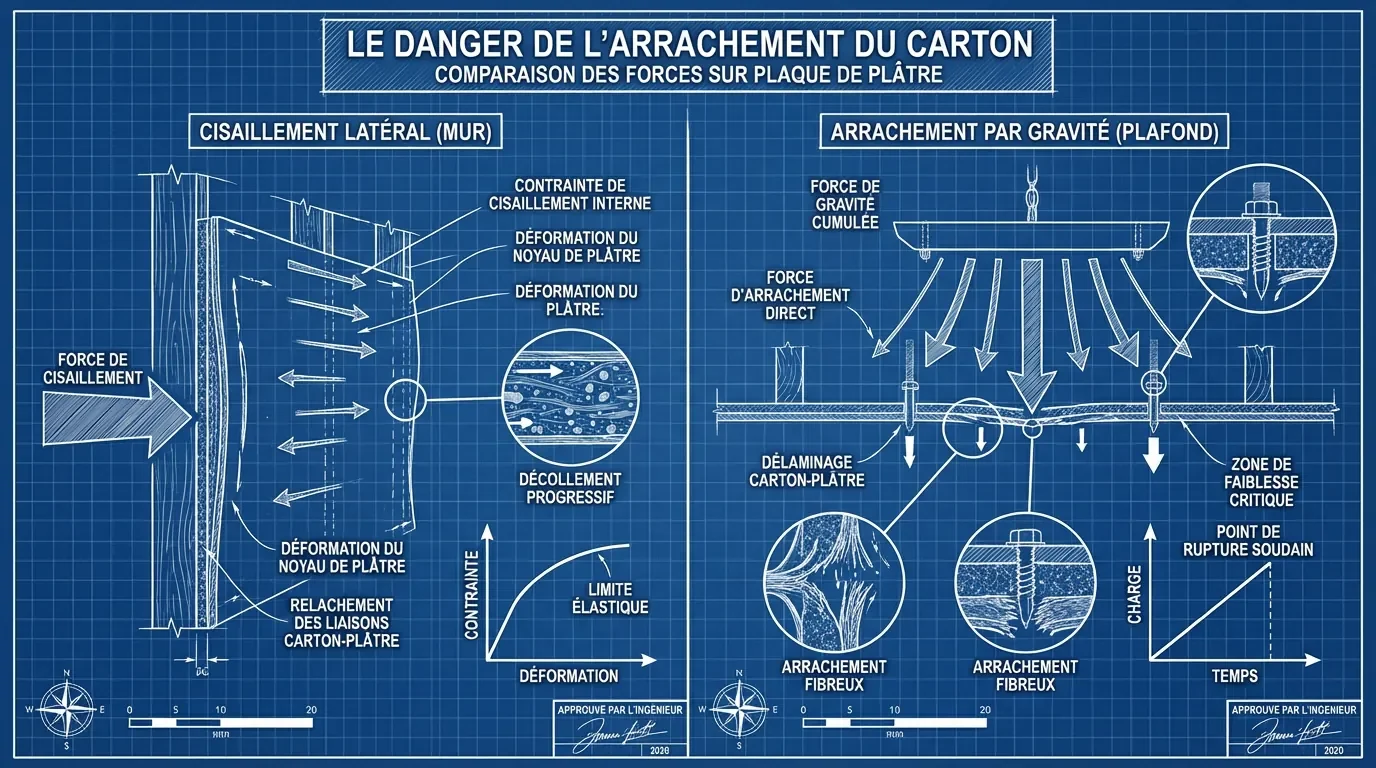 Schéma technique illustrant le risque d'arrachement du carton lors d'un collage au plafond.