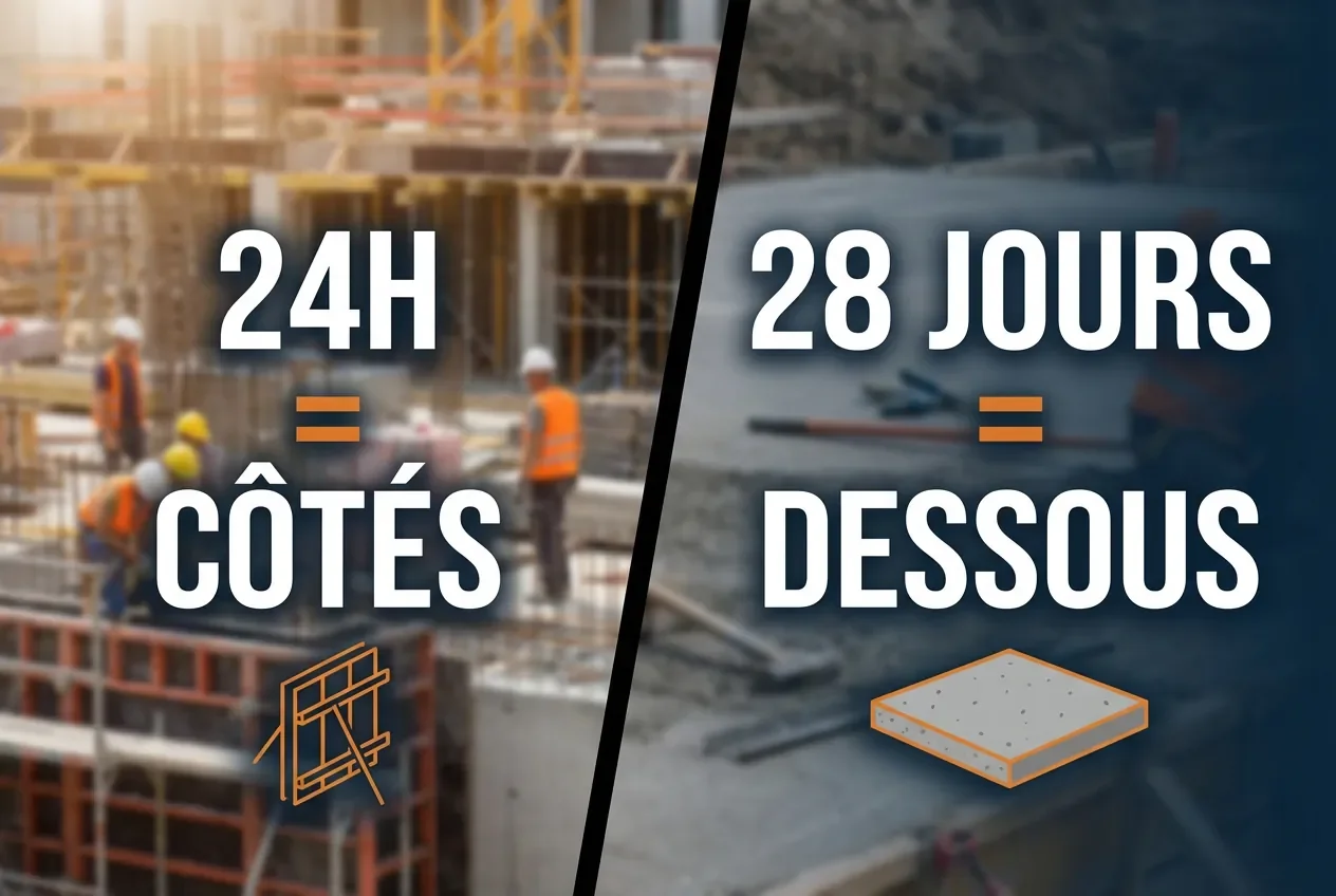 Décoffrage linteau : guide 2026 - Décoffrage linteau : 3 erreurs fatales - Quand décoffrer un linteau ? Miniature explicative sur les délais de décoffrage d'un linteau : 24h pour les joues et 28 jours pour le fond.