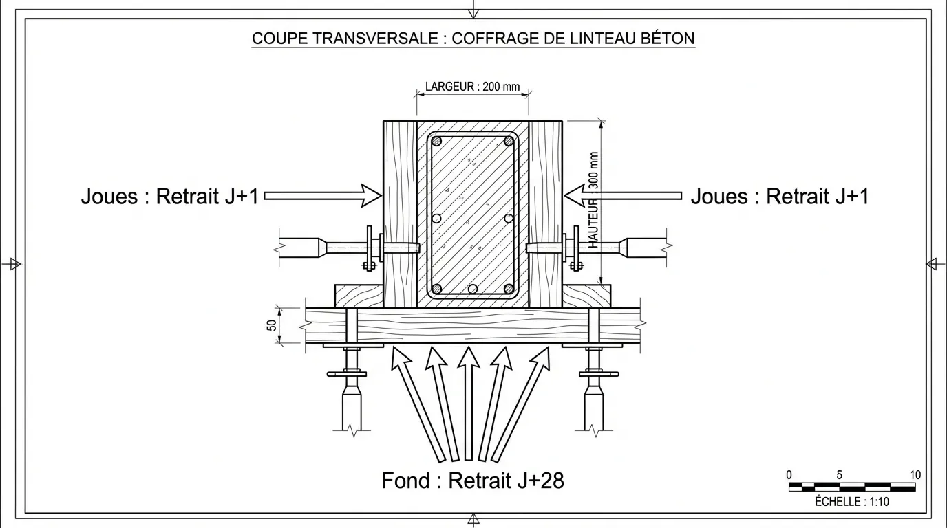 Schéma technique des temps de décoffrage séquentiels d'un linteau en béton.