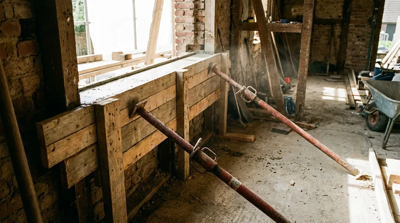 Un linteau de fenêtre en béton fraîchement coulé avec son coffrage en bois et ses étais métalliques.