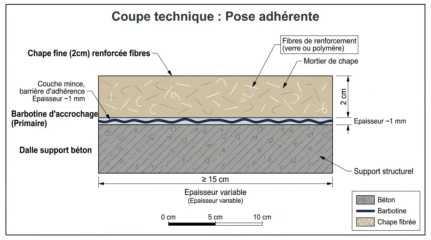 Schéma technique en coupe d'une pose de chape adhérente de 20 mm.