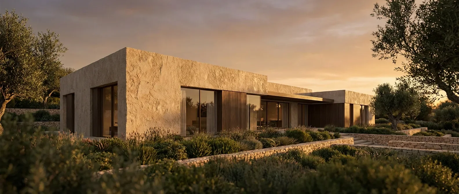 Façade de villa contemporaine en enduit gratté sous une lumière dorée mettant en valeur la texture minérale