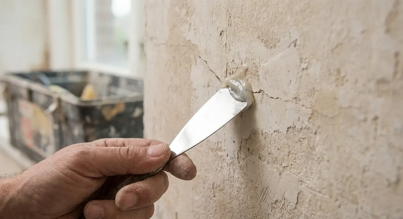 Geste technique de réparation d'une fissure sur un mur extérieur avec un outil de précision