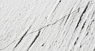 Gros plan macro d'une micro fissure sur un enduit gratté blanc