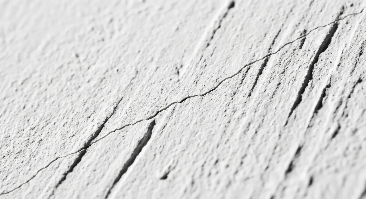 Gros plan macro d'une micro fissure sur un enduit gratté blanc