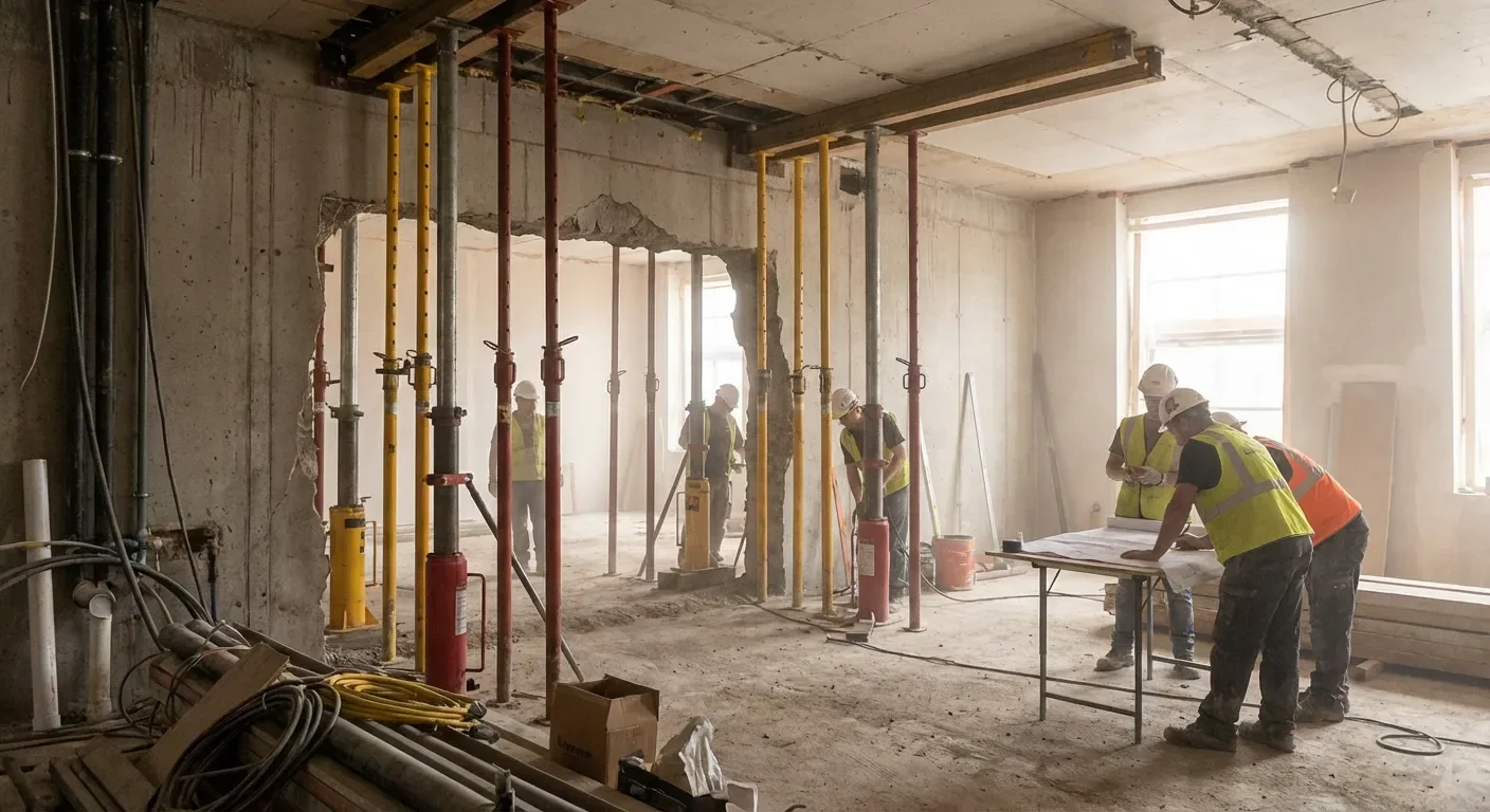Étapes techniques de pose d'étais pour l'ouverture d'un mur porteur