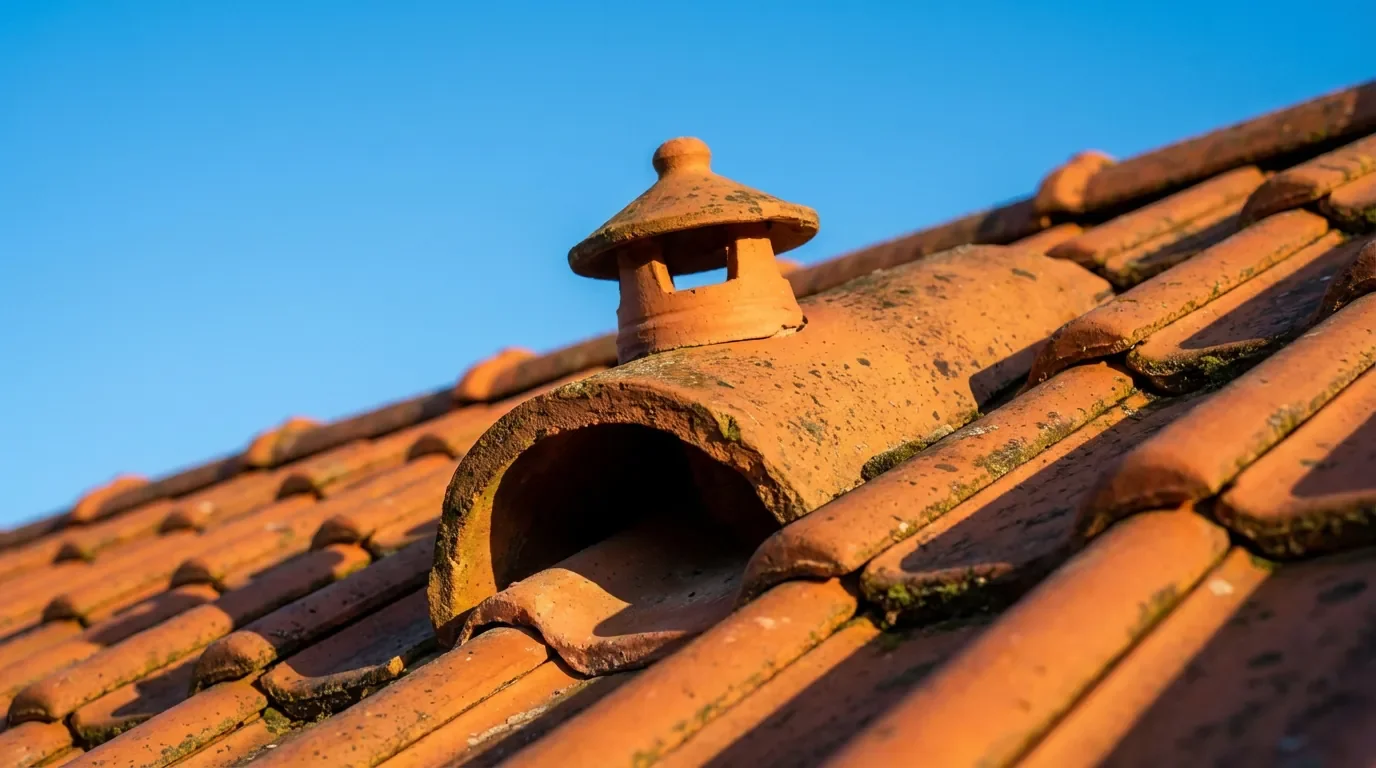 Gros plan d'une tuile à douille en terre cuite avec lanterne de finition sur un toit.