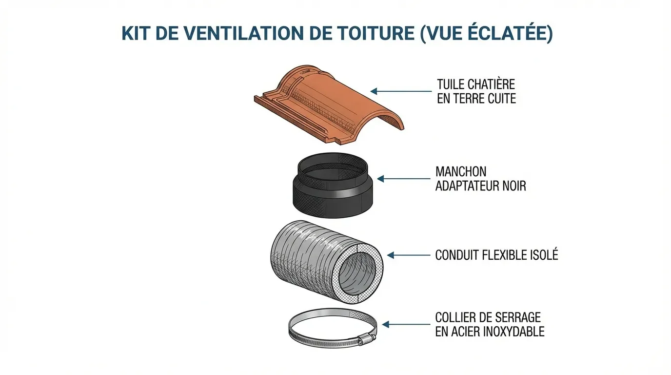 Infographie du kit de raccordement VMC avec tuile à douille et manchon.
