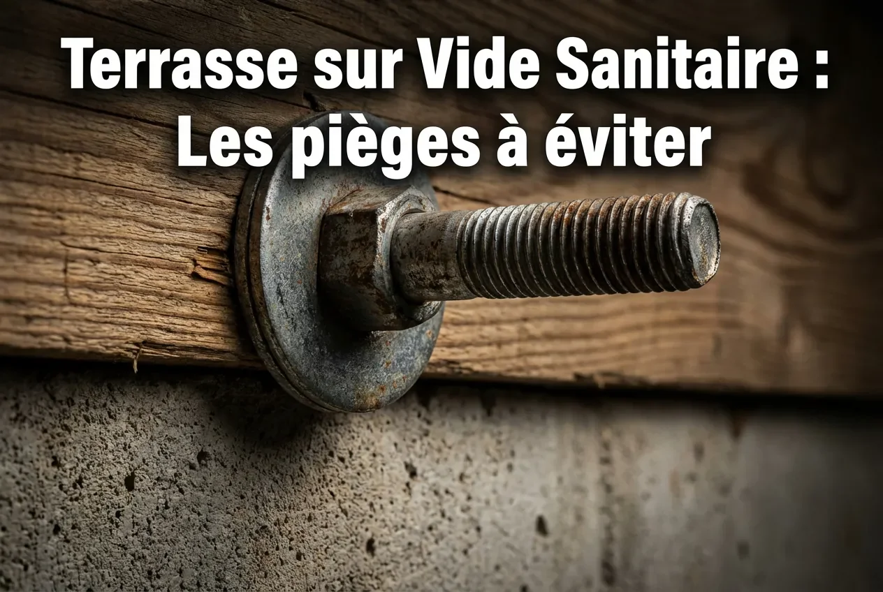 Terrasse sur vide sanitaire : Le guide technique - 3 clés pour réussir sa terrasse sur vide sanitaire - Comment faire sa terrasse sur vide sanitaire ? Gros plan technique fixation muralière terrasse.