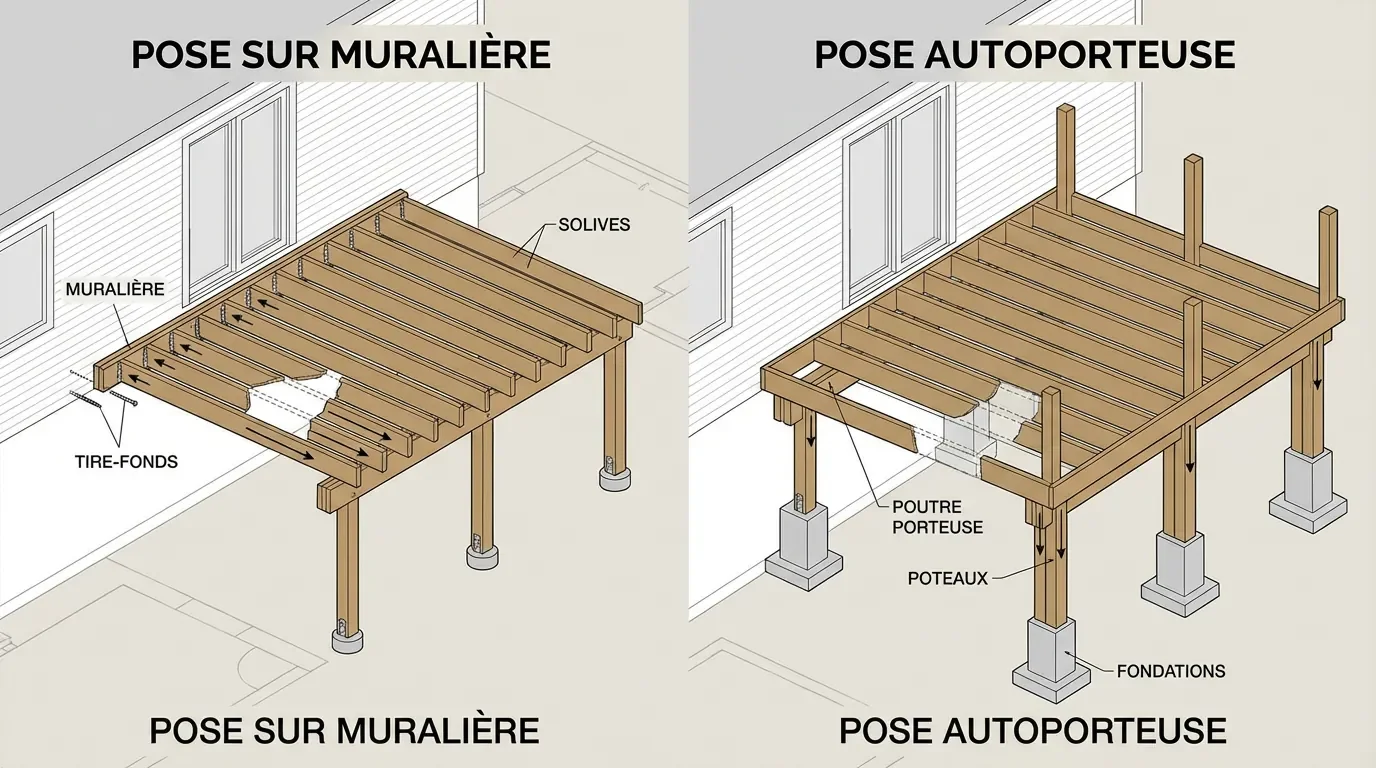 Schéma technique comparatif : pose sur muralière vs pose autoporteuse.