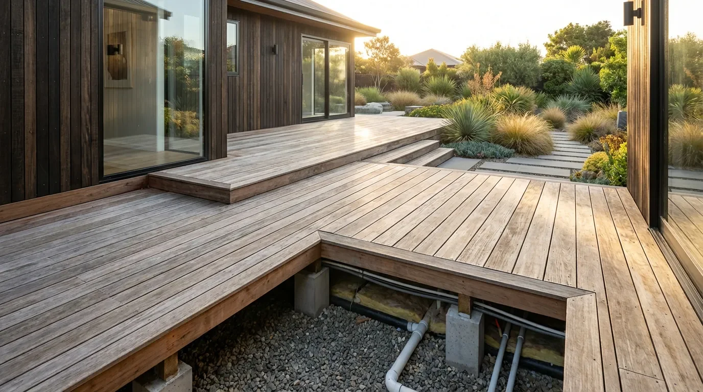 Vue en coupe d'une terrasse en bois moderne sur vide sanitaire avec jardin ensoleillé.