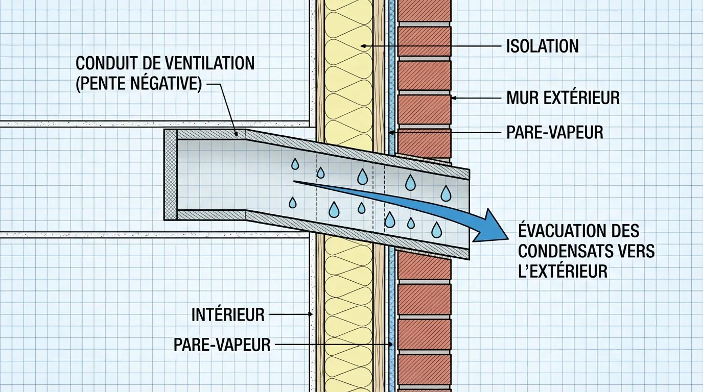 Schéma en coupe d'un conduit VMC avec pente négative vers l'extérieur