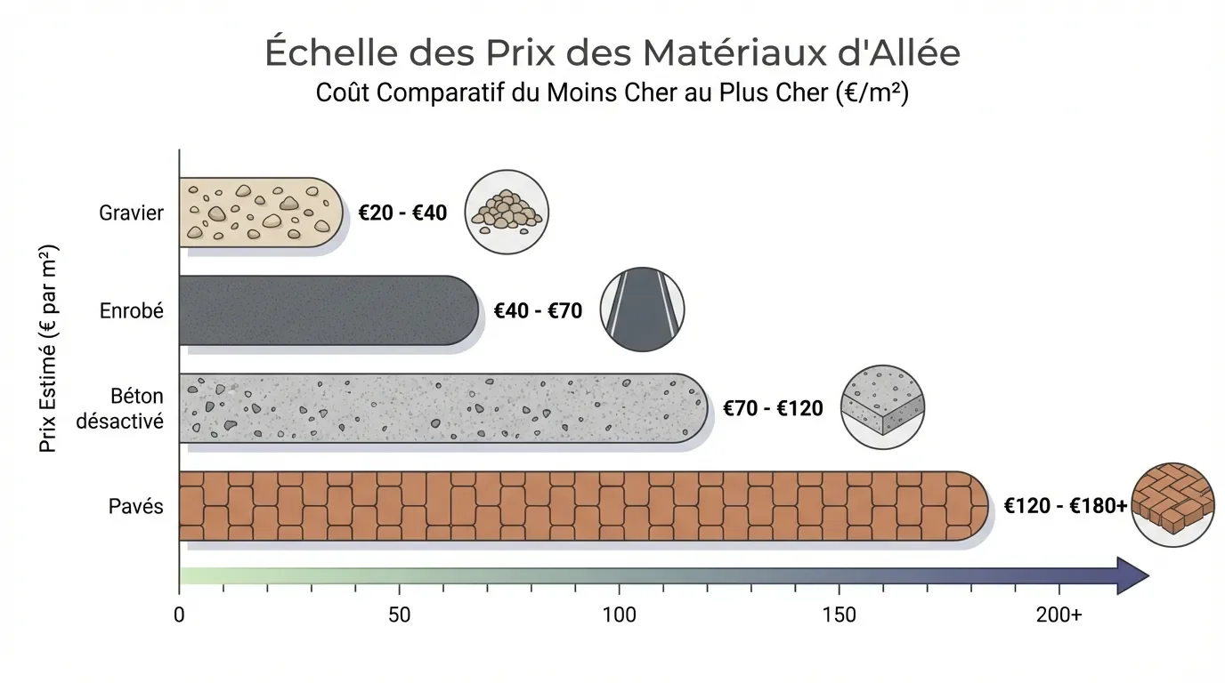 Infographie comparative des prix au m2 par type de revêtement d'allée.