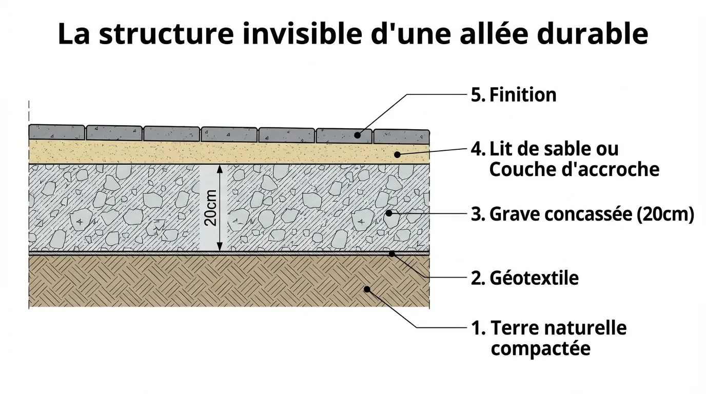 Schéma technique en coupe montrant les différentes couches de fondation d'une allée.