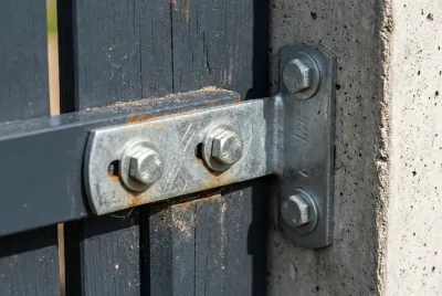 Gros plan sur la fixation moderne d'un panneau de clôture sur poteau béton