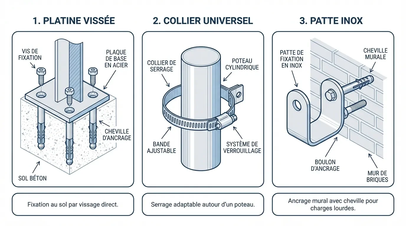Infographie comparant les trois méthodes de fixation : platines, colliers et pattes inox