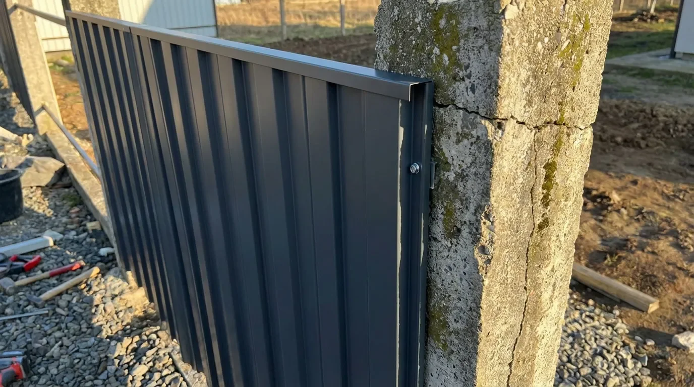 Rénovation de clôture avec grillage rigide anthracite fixé sur d'anciens poteaux en béton propres