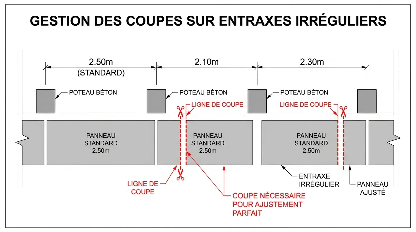 Schéma technique expliquant comment couper les panneaux de grillage pour des entraxes irréguliers