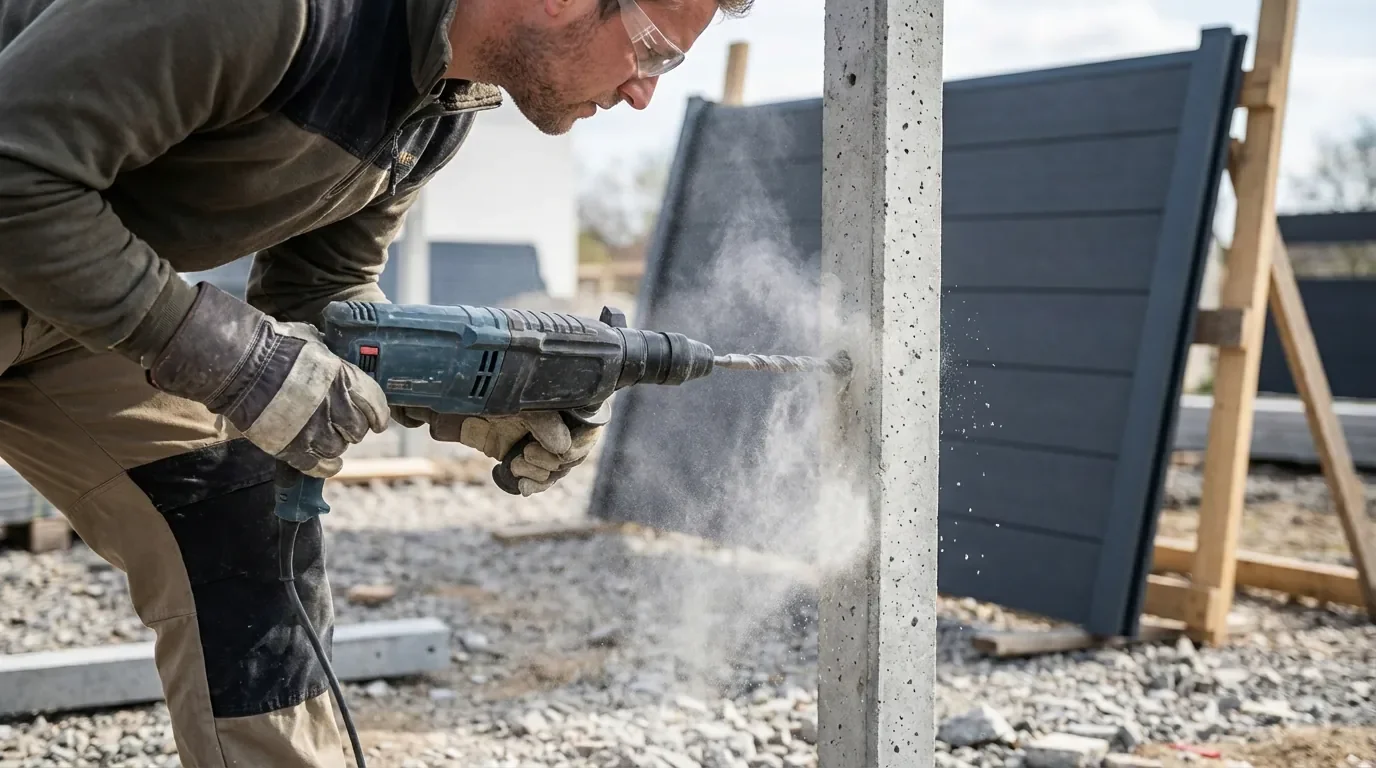 Utilisation d'un perforateur pour percer un poteau béton lors de la pose d'un grillage