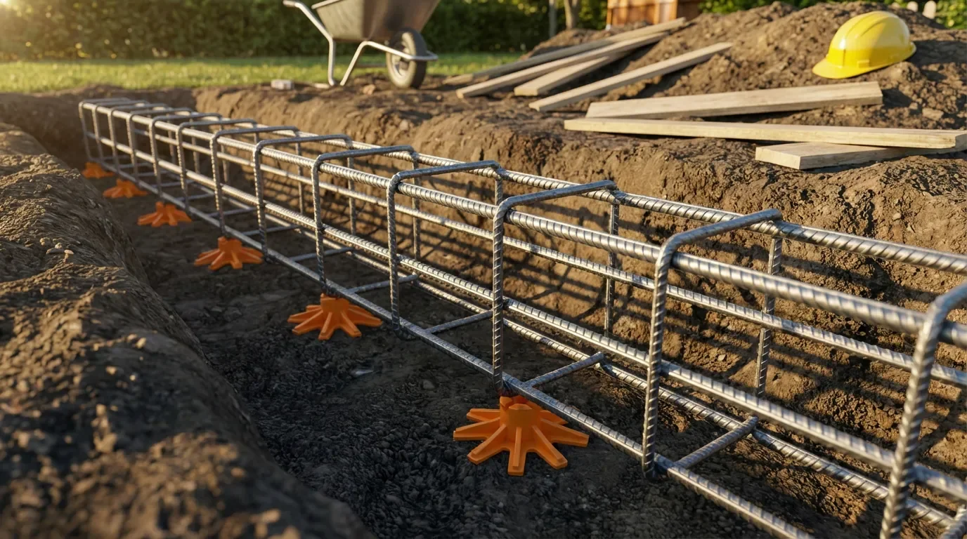 Armature métallique de fondation posée sur des cales dans la fouille.