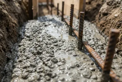 Béton frais coulé et fer d'attente pour fondation de muret.