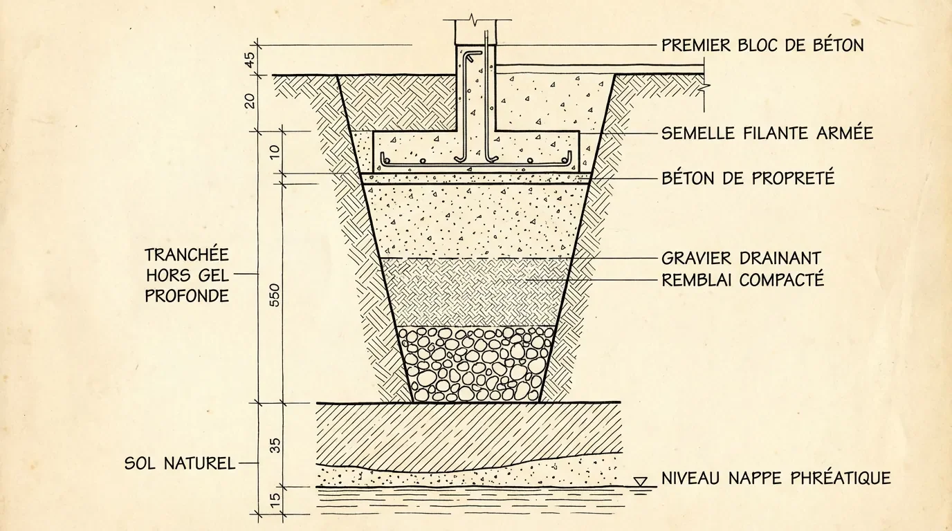 Schéma technique en coupe d'une fondation de muret avec profondeur hors-gel et semelle.